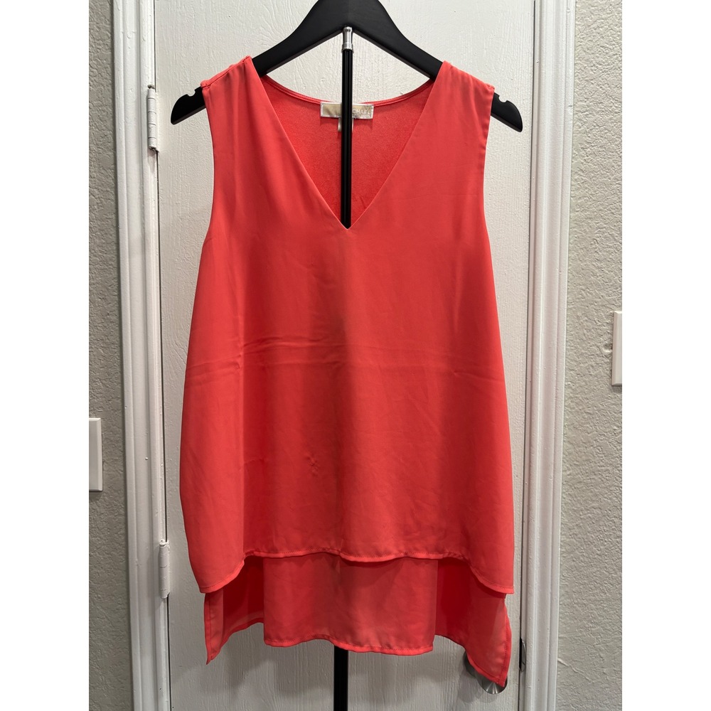 Michael Kors Women Coral Pink V-Neck Sleeveless Mixed Media Tiered Top Size L